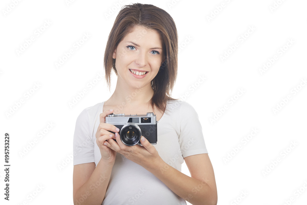 young beautiful woman photographer shot in white background young beautiful woman photographer shot in white background