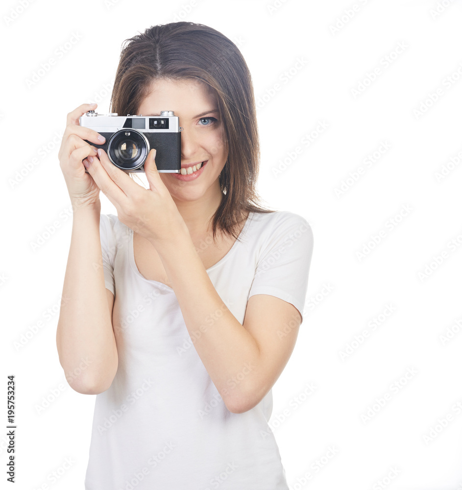 young beautiful woman photographer shot in white background young beautiful woman photographer shot in white background