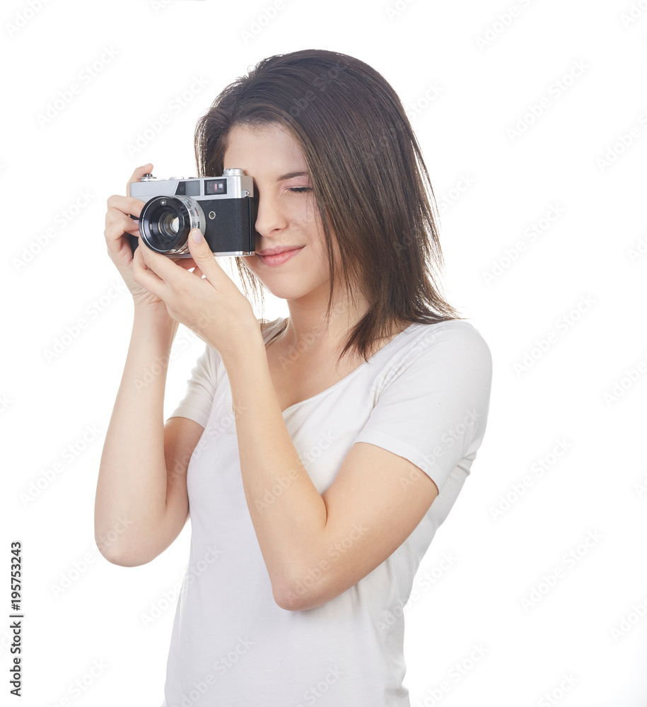 young beautiful woman photographer shot in white background young beautiful woman photographer shot in white background