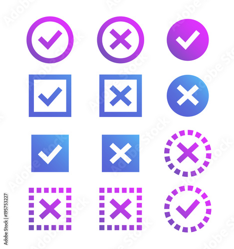 Check mark icon. Blue and purple marks and crosses. Symbols of the recommendations are correct and incorrect.