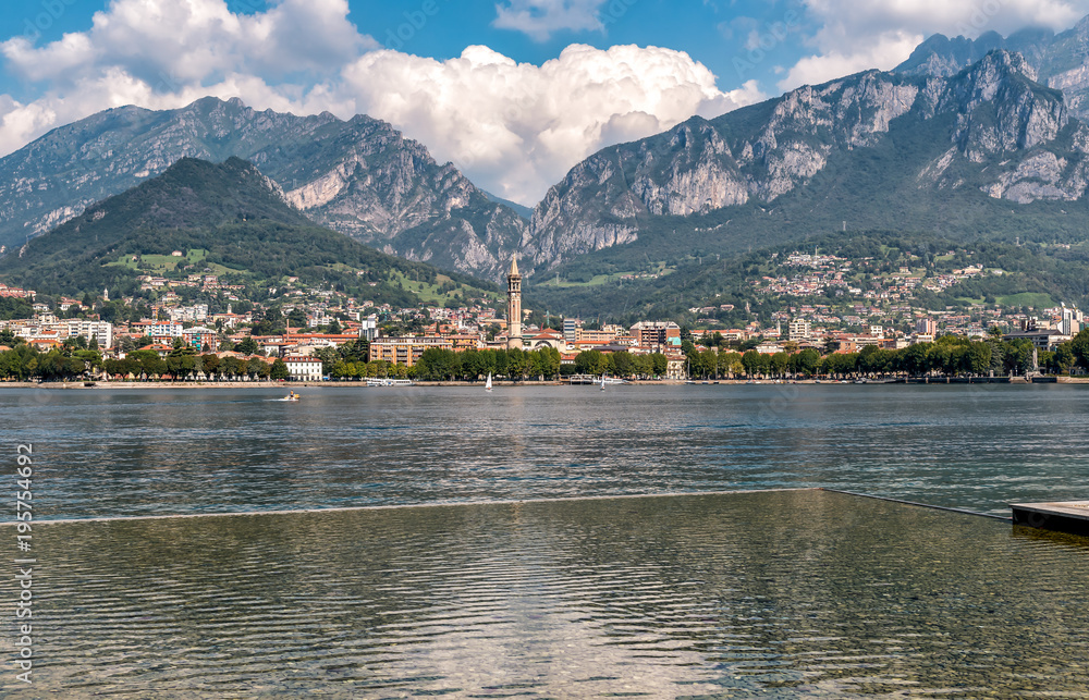 Lakefront of Malgrate located on the shore of Como Lake with view to Lecco city, Italy