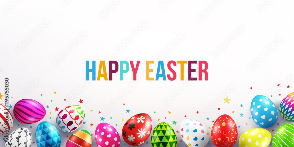 Fototapeta premium Happy Easter Day with Colorful Painted Easter Eggs and space for your text on White Background.Vector illustration EPS10
