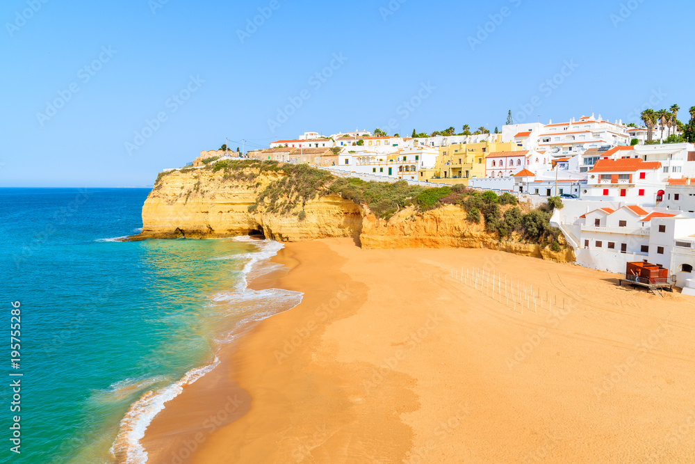 View of Carvoeiro town with beautiful beach, Algarve, Portugal