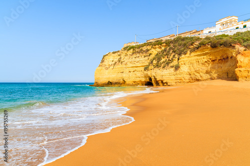 View of beautiful sandy beach in Carvoeiro town, Algarve, Portugal