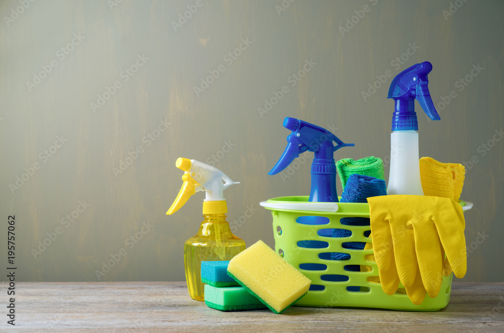 Cleaning concept with supplies - obrazy, fototapety, plakaty 