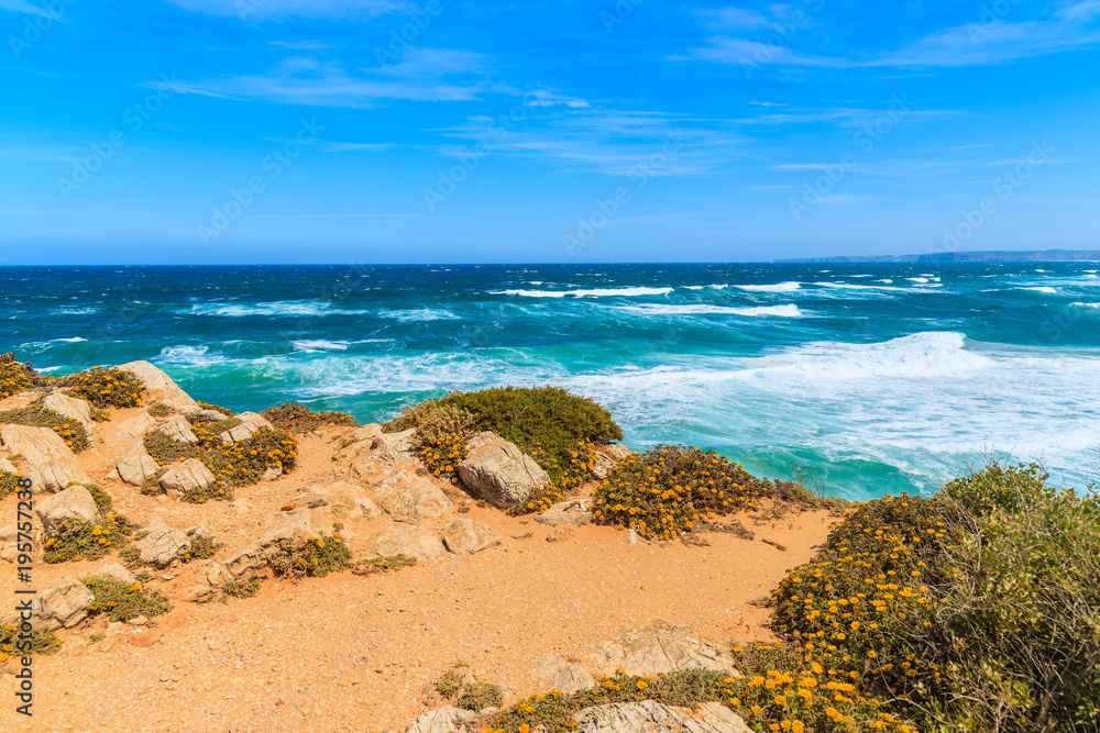 View of beautiful sea near Praia da Bordeira beach, popular place to do kite surfing, Algarve, Portugal