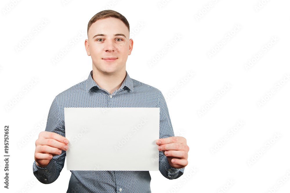 Portrait of young smiling caucasian guy and holds blank with copy space. Isolated on white. Portrait of young smiling caucasian guy and holds blank with copy space. Isolated on white.