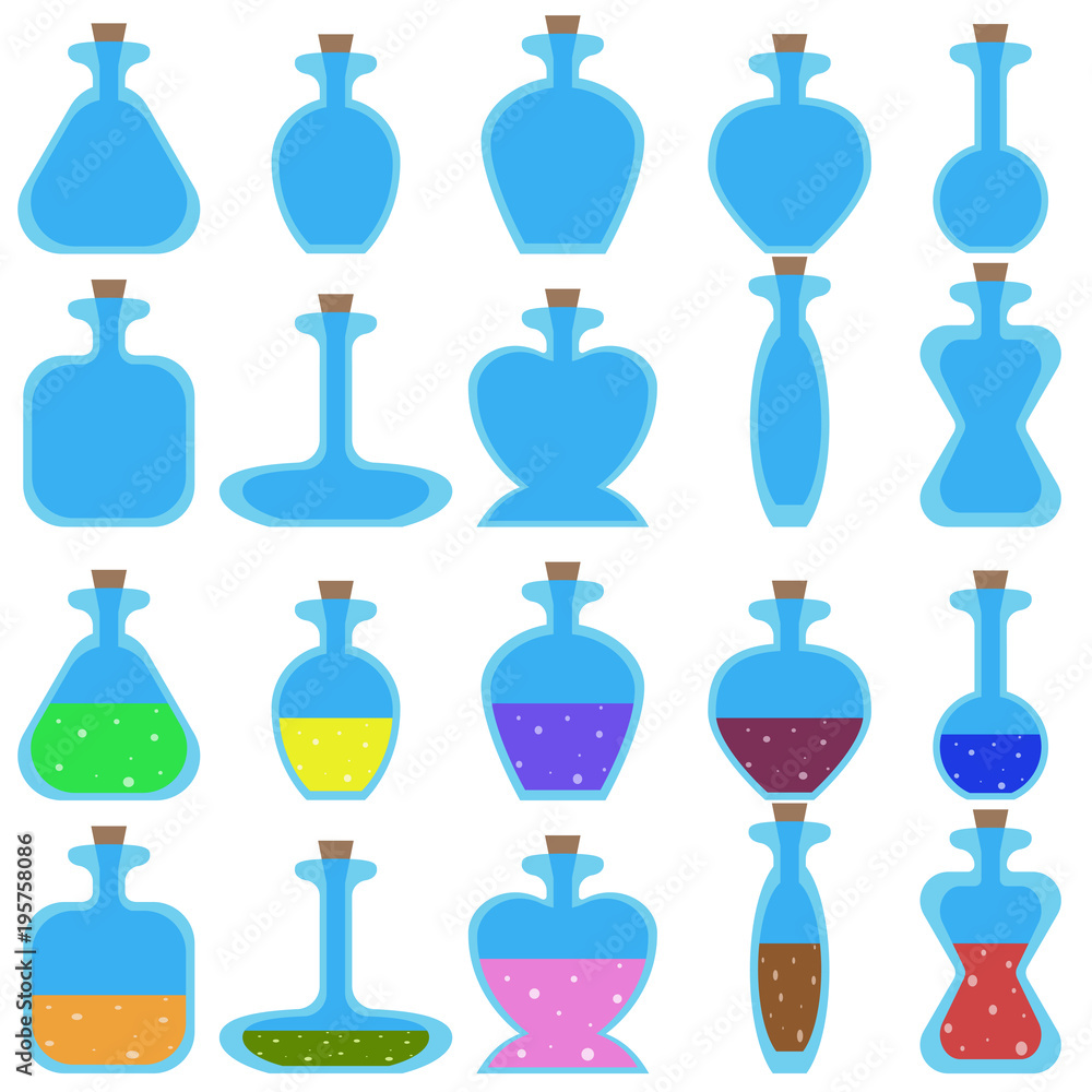 Set of cartoon vector bottles of different shape for a game. Set of cartoon vector bottles of different shape for a game.