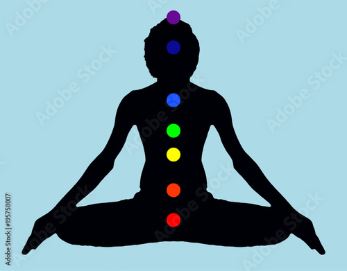 Yoga Meditation Pose black on blue background with energy chakra logo plain clear vector