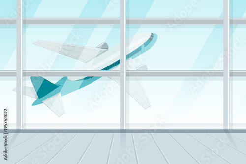View out of airport terminal window on takeoff airplane. Flying jet plane, vector 3d isometric sytle illustration. Travel and tourism concept.