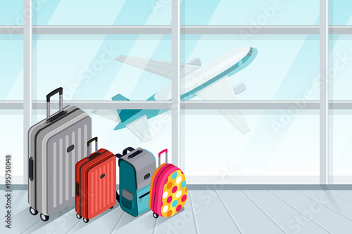 Multicolor luggage, suitcase, bags near the airport terminal window. Vector 3d isometric illustration. Takeoff airplane in window. Checked baggage, travel by aircraft and tourism concept.