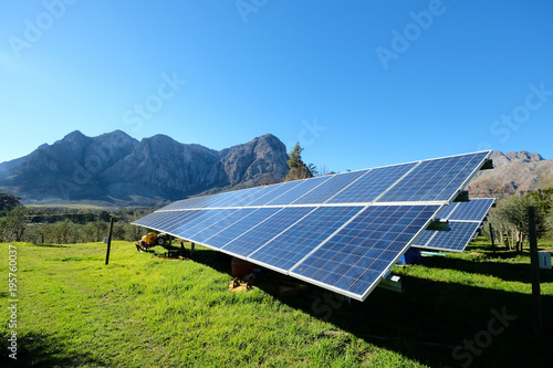Solar panels with photovoltaic  modules for renewable energy with blue sky and mountains in the back round set in a countryside meadow 