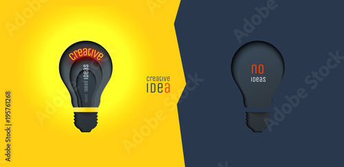 Creative idea, invention, inspiration, innovation, solution. Paper cut lamp. Conceptual illustration. Banner. Card.