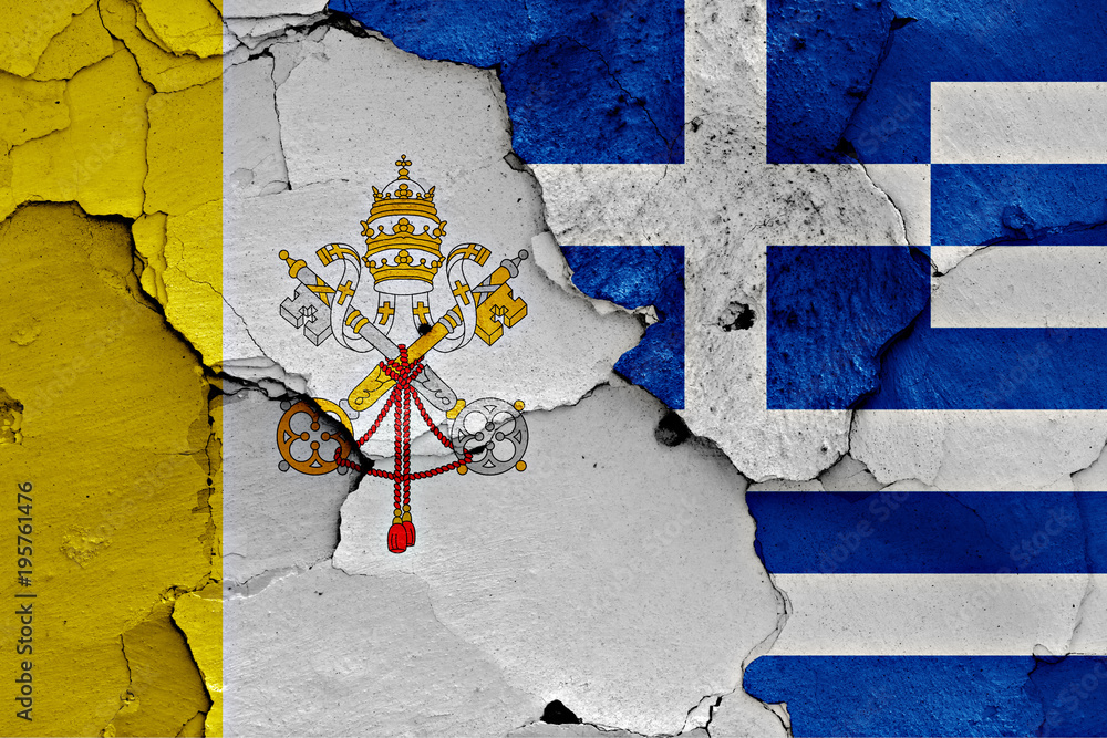 Fototapeta premium flag of Vatican and Greece painted on cracked wall