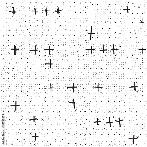 GRUNGE DOTTED WITH CROSS SEAMLESS VECTOR PATTERN. HALFTONE DESIGN TEXTURE.