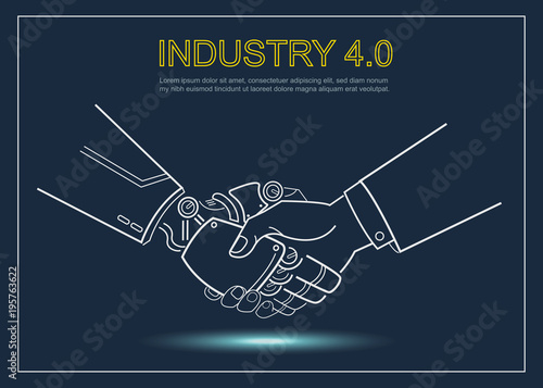Cyber communication and robotic concepts. Industrial 4.0 Cyber Physical Systems concept. Robot and Engineerer human holding hand with handshake and dark blue background. vector outline.