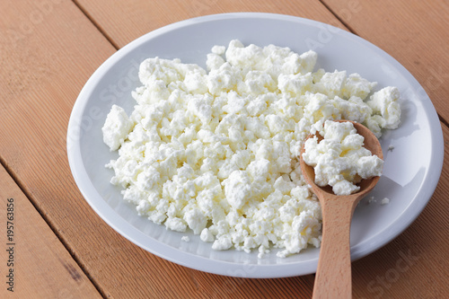 Cheese, fresh cottage cheese in a white plate, wooden spoon, curd on a wooden background, sour cream in a wooden spoon, dairy products on a natural background, retro style, minimalism