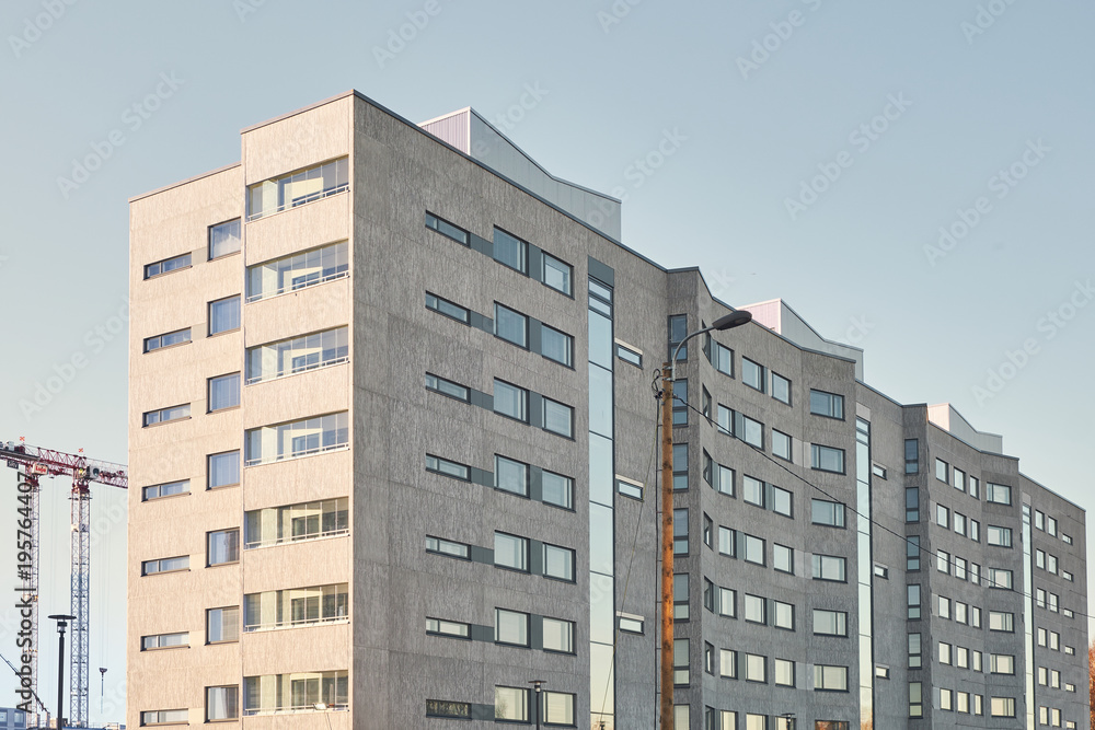 Fototapeta premium Espoo, Finland - January 8, 2018: building construction site Bonava, new brand apartments in Espoo city
