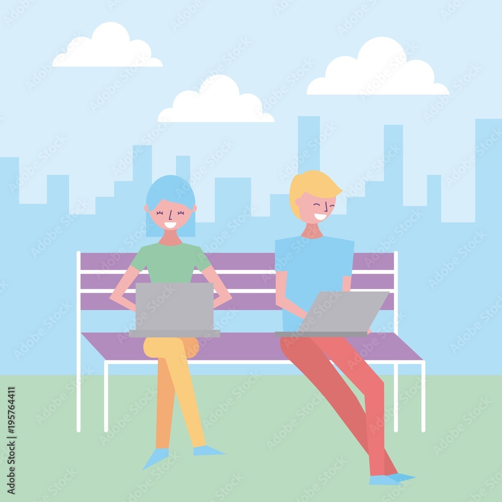 young people sitting in bench park working in laptop vector illustration young people sitting in bench park working in laptop vector illustration