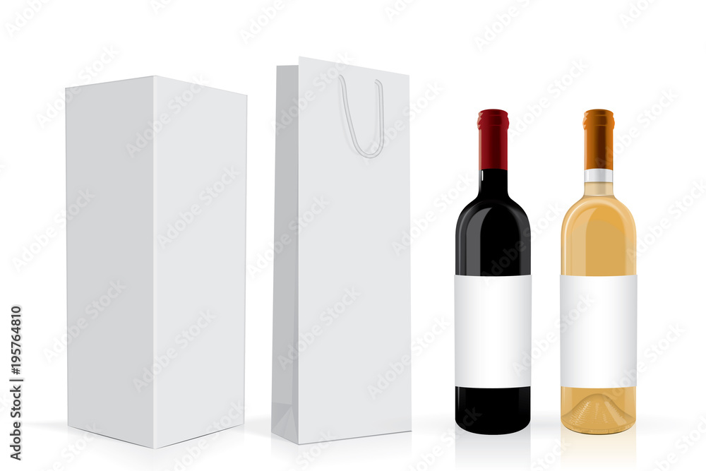 a bottle of wine with a box and a package Mock Up 