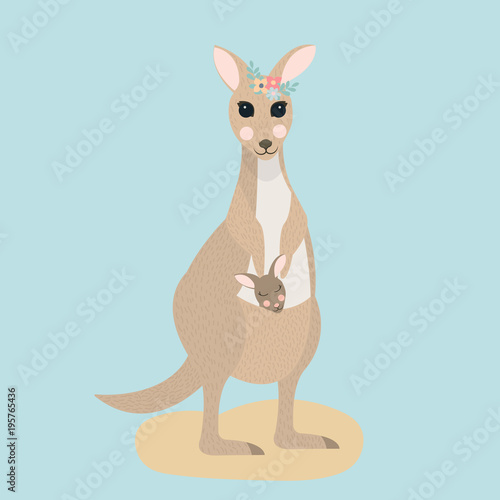 Australia kangaroo animal mother with child in pocket on blue background. Vector illustration of isolated australian marsupial brown animal with baby. Tropical herbivorous creature.