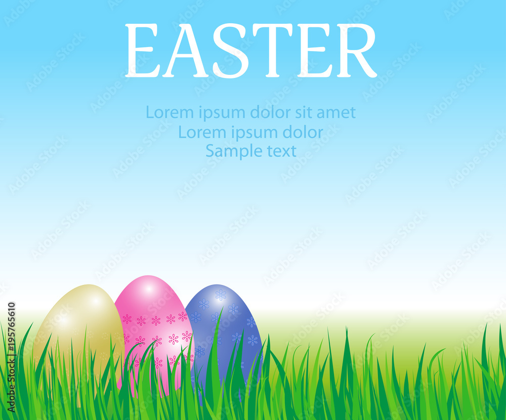 Easter background. Paschal greeting card template with eggs, grass and sky. Design for website. Vector