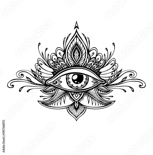 Abstract symbol of All-seeing Eye in Boho Indian Asian Ethno  style for tattoo black on white for decoration T-shirt or for coloring page or adult coloring book. Concept magic occultism esoterics 