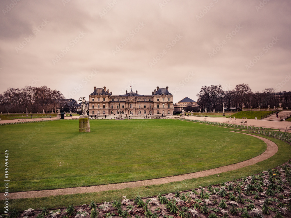 View of the Luxembourg palace, inside the public garden of Luxembourgh, one of the largest in Paris.