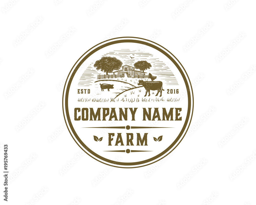 Barn with Oak tree and Flying Birds with Animal Livestock like Cow and Chicken and Pig Hand Drawing Symbol Farm Logo VIntage Circle Vector