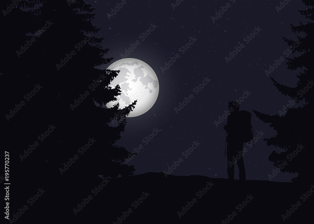 A tourist with a backpack on a walk in a forest under a night sky with stars and a moon A tourist with a backpack on a walk in a forest under a night sky with stars and a moon