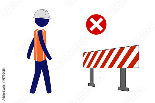 Isolated vector icon site worker walking forward even after seeing barrier.