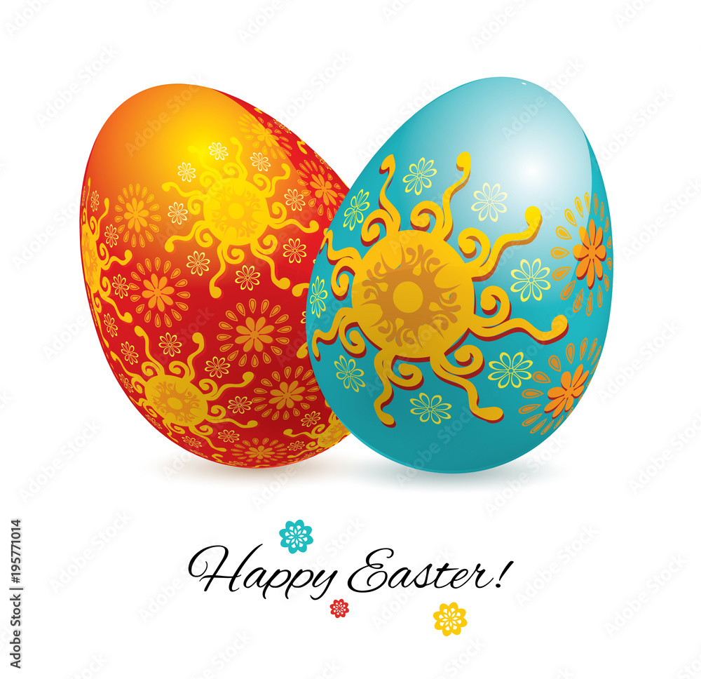 Red blue Easter eggs on the white background. Two Easter eggs with ornament Red blue Easter eggs on the white background. Two Easter eggs with ornament