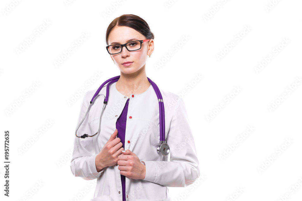 Young beautiful female doctor on white background Young beautiful female doctor on white background