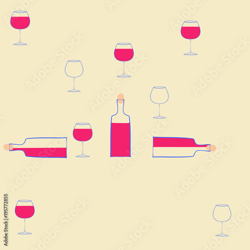Bottles of wine, wineglasses  pattern . Hand drawn.