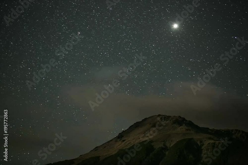 Night time lapse of Mallo mountain in San Martín de los Andes, Patagonia, Argentina. Circle movement of stars and clouds. Astrological photography. Shooting stars, milky way, bright stars, mars.
