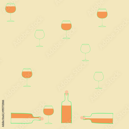Bottles of wine, wineglasses    pattern . Hand drawn.