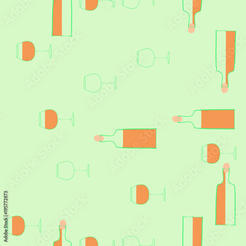 Bottles of wine, wineglasses  vertical seamless  pattern . Hand drawn.