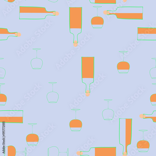 Bottles of wine, wineglasses   seamless  pattern . Hand drawn.