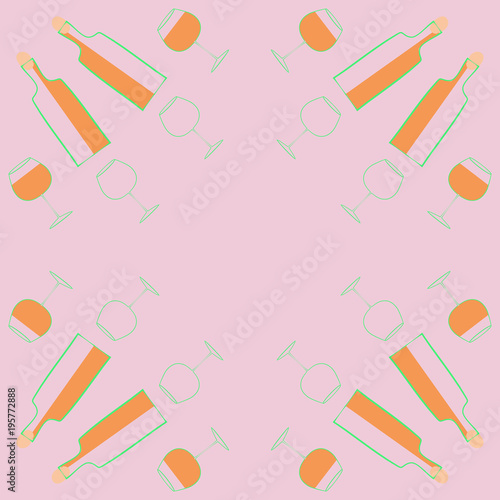 Bottles of wine, wineglasses  pattern , copy space. Hand drawn.