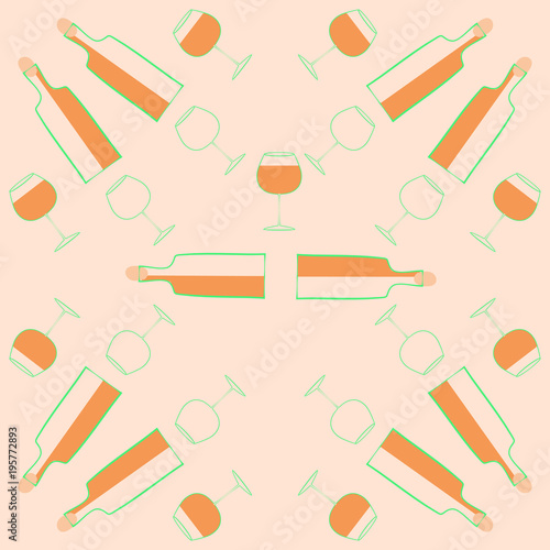 Bottles of wine, wineglasses  pattern. Hand drawn.