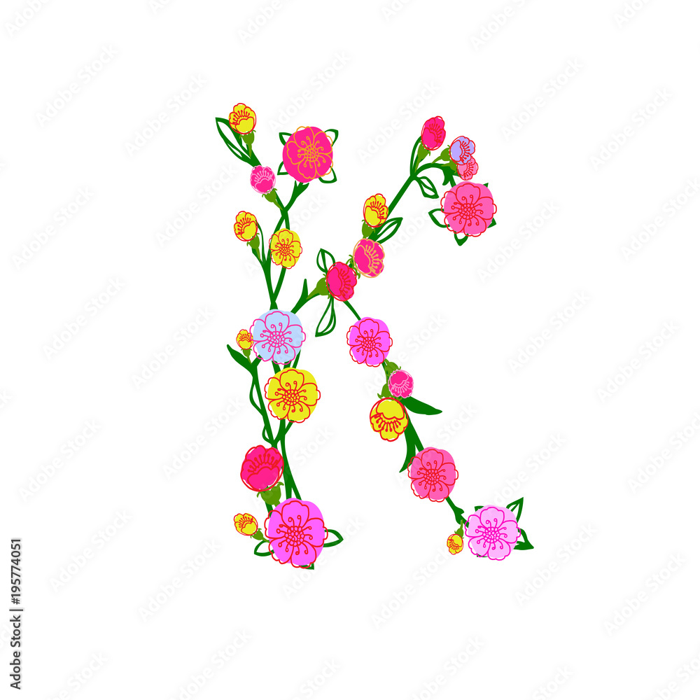 Cute Colorful Floral Alphabet Letter K Isolated on White Background