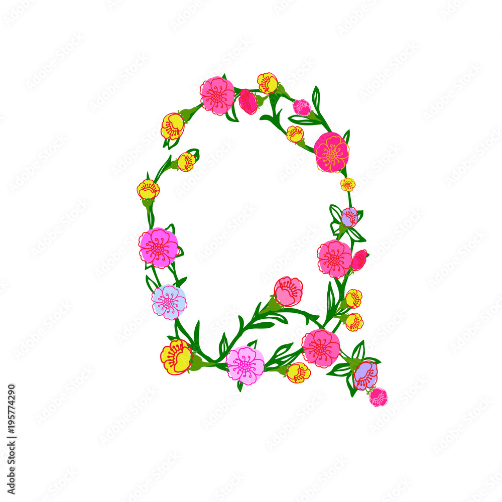 Cute Colorful Floral Alphabet - Letter Q Isolated on White Background for Postcard, Stationeries, Logo, Web and Decoration. Elegant Floral Monogram Letter Q Logo Design