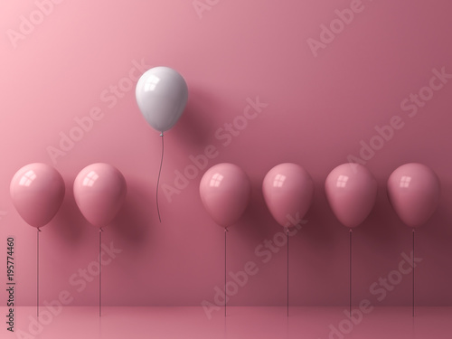Stand out from the crowd and different concept , One freedom white balloon flying away from other pink balloons on pink pastel color wall background with window reflection and shadows . 3D rendering.