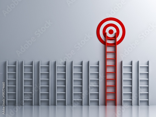 Long red ladder to goal target . 3D rendering.
