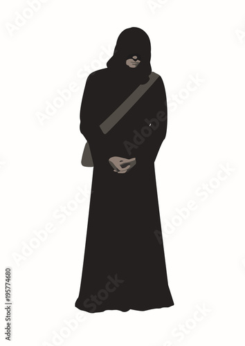 Vector illustration of man wanderer in the brown poor monk robe with arms crossed, face hidden under a hood and a shoulder bag isolated on white background