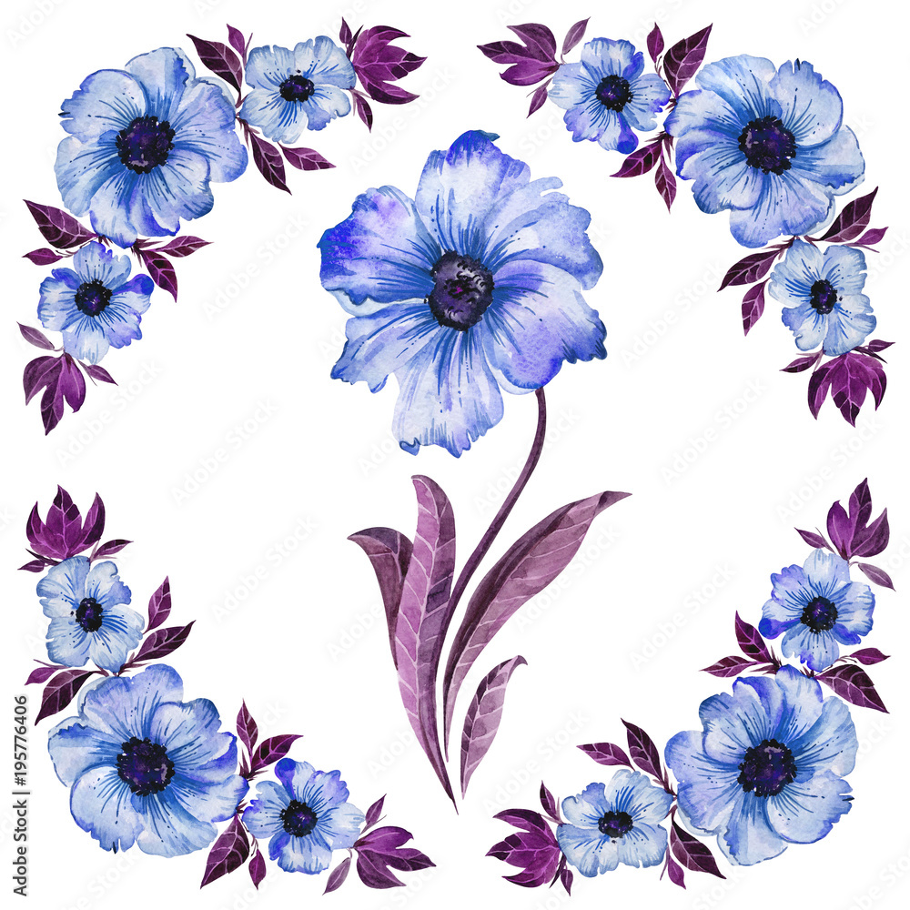 Floral illustration. Beautiful blue flowers with purple leaves. Round pattern on white background.  Watercolor painting. Isolated. Hand drawn and colored.