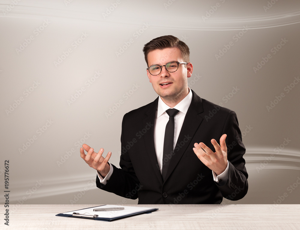 Televison host in live show with blank background