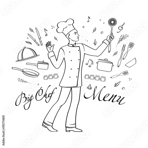 A linear cartoon drawing chef inspirationally conducts cooking utensils and spices, like a kapellmeister with a musical orchestra. Black vector illustration, isolated on background.