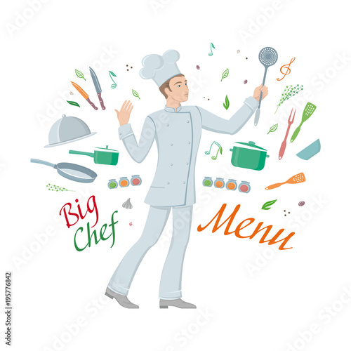 A colored cartoon drawing chef inspirationally conducts cooking utensils and spices, like a kapellmeister with a musical orchestra. Vector illustration, isolated on background.