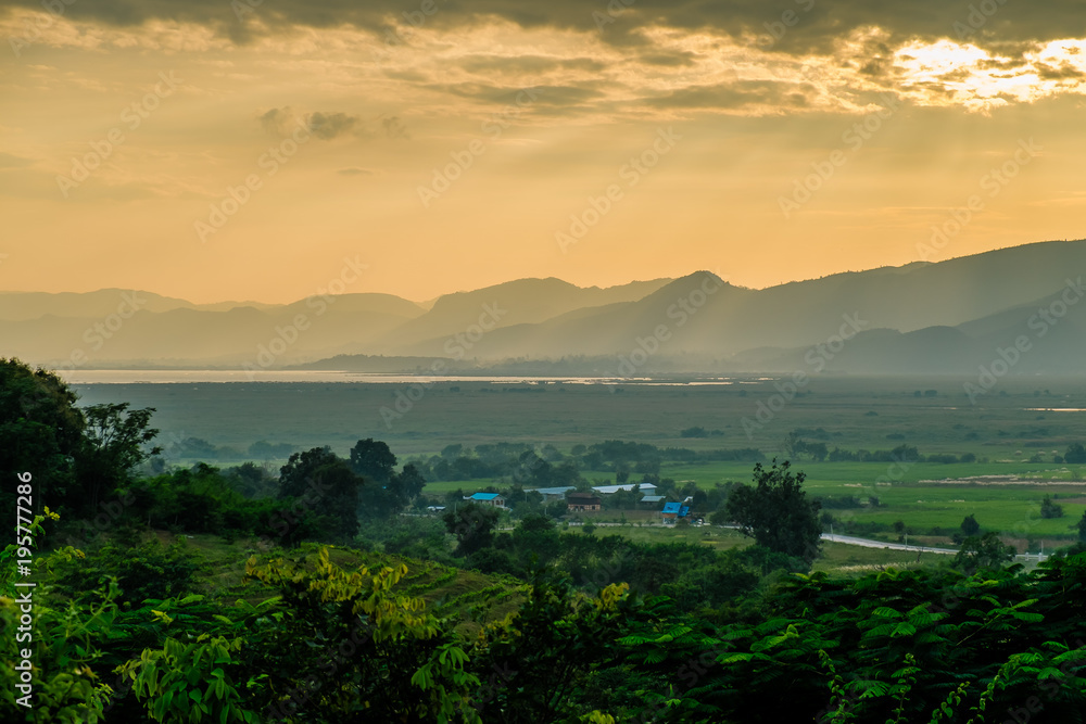 landscape with dramatic sky during sunset. The mountains in Myanmar, Inle lake